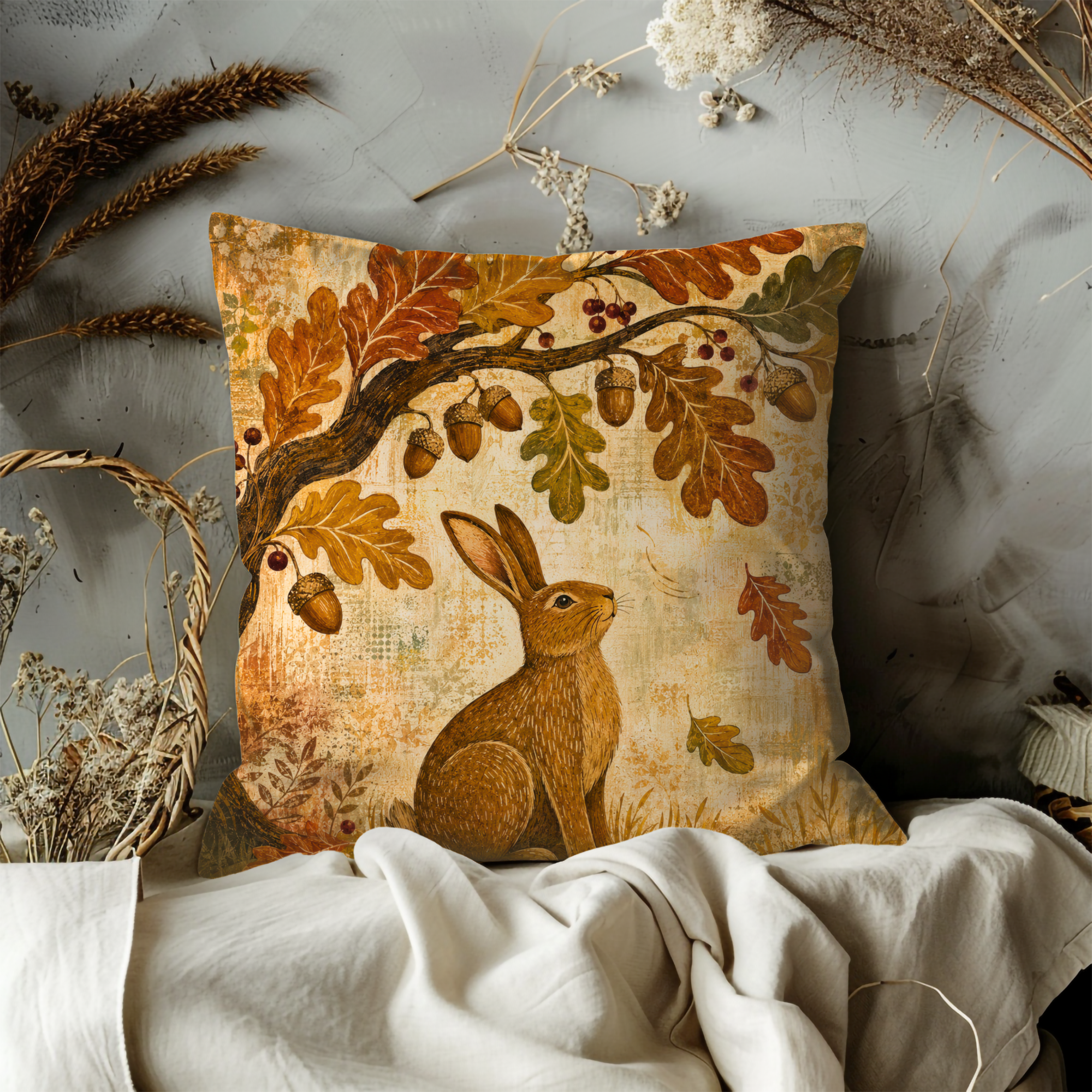 Rabbit Oak Acorn Pillow Cover | Autumn Woodland Art | Cozy Fall Decor