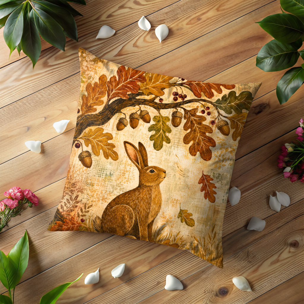Rabbit Oak Acorn Pillow Cover | Autumn Woodland Art | Cozy Fall Decor