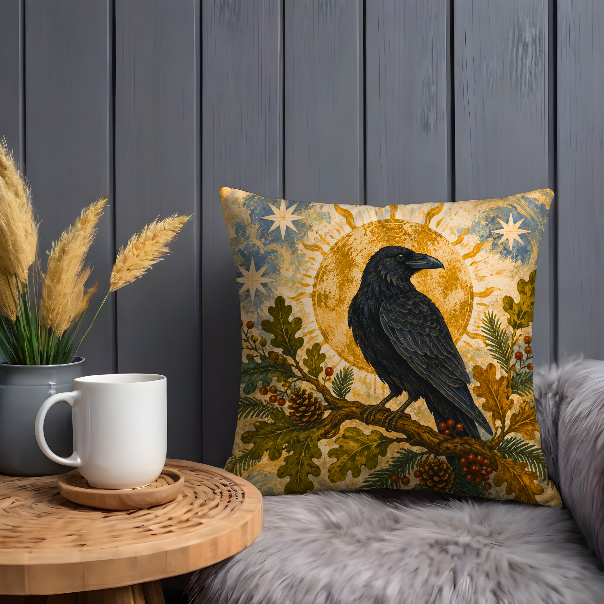 Raven Golden Sun Pillow Cover | Mystical Woodland Art | Pagan Forest Decor