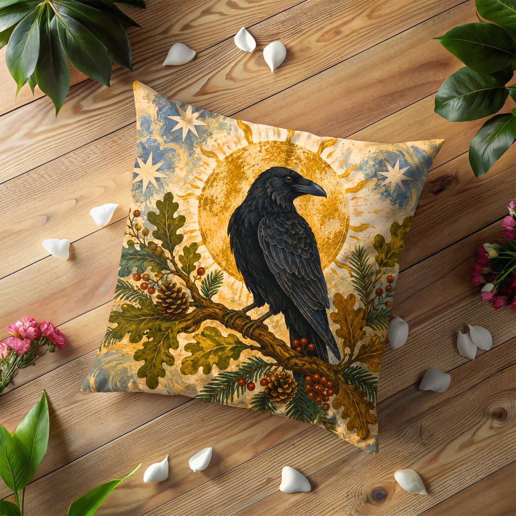 Raven Golden Sun Pillow Cover | Mystical Woodland Art | Pagan Forest Decor