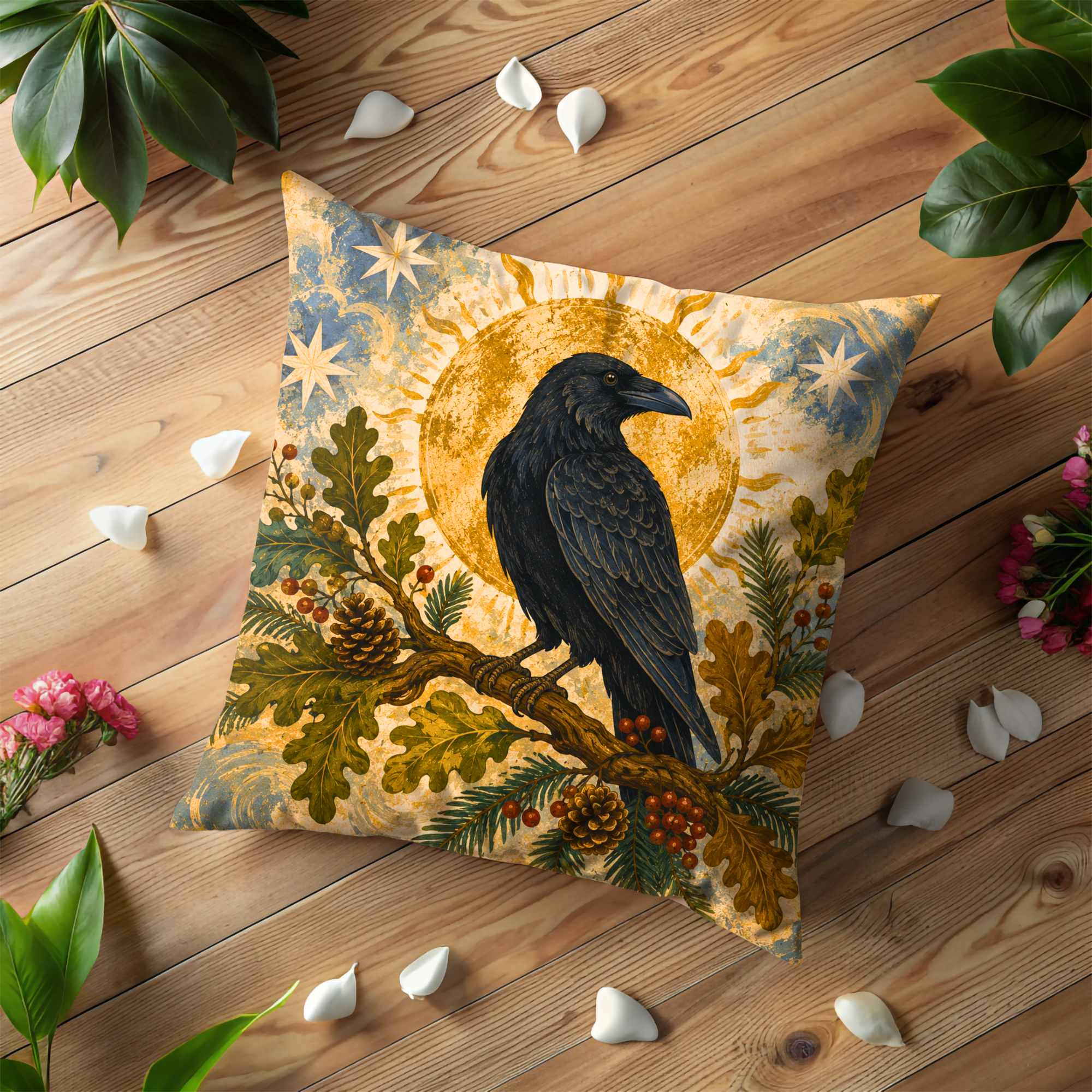 Raven Golden Sun Pillow Cover | Mystical Woodland Art | Pagan Forest Decor