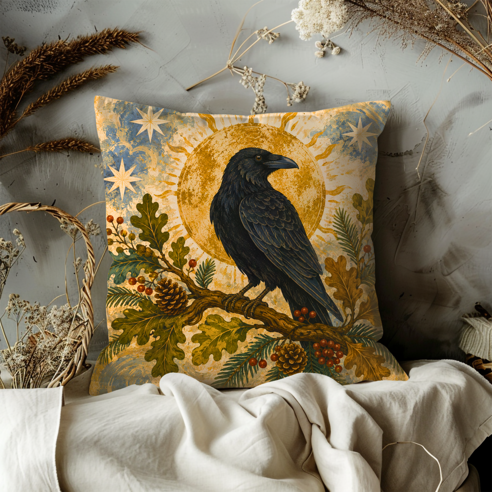 Raven Golden Sun Pillow Cover | Mystical Woodland Art | Pagan Forest Decor