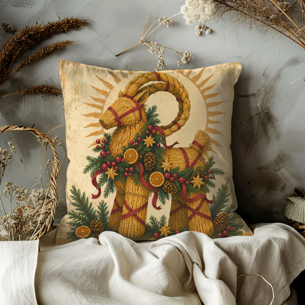 Yule Goat Straw Pillow Cover | Nordic Pagan Art | Cozy Winter Decor
