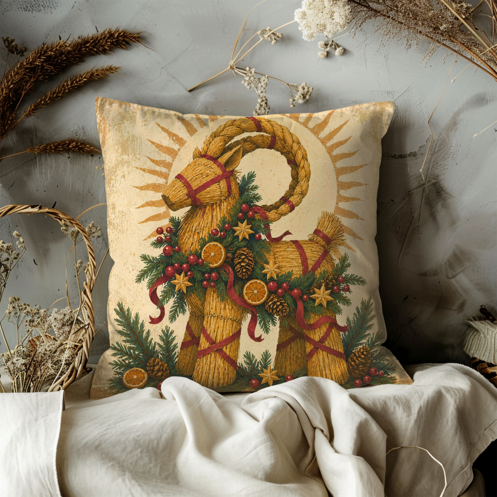 Yule Goat Straw Pillow Cover | Nordic Pagan Art | Cozy Winter Decor