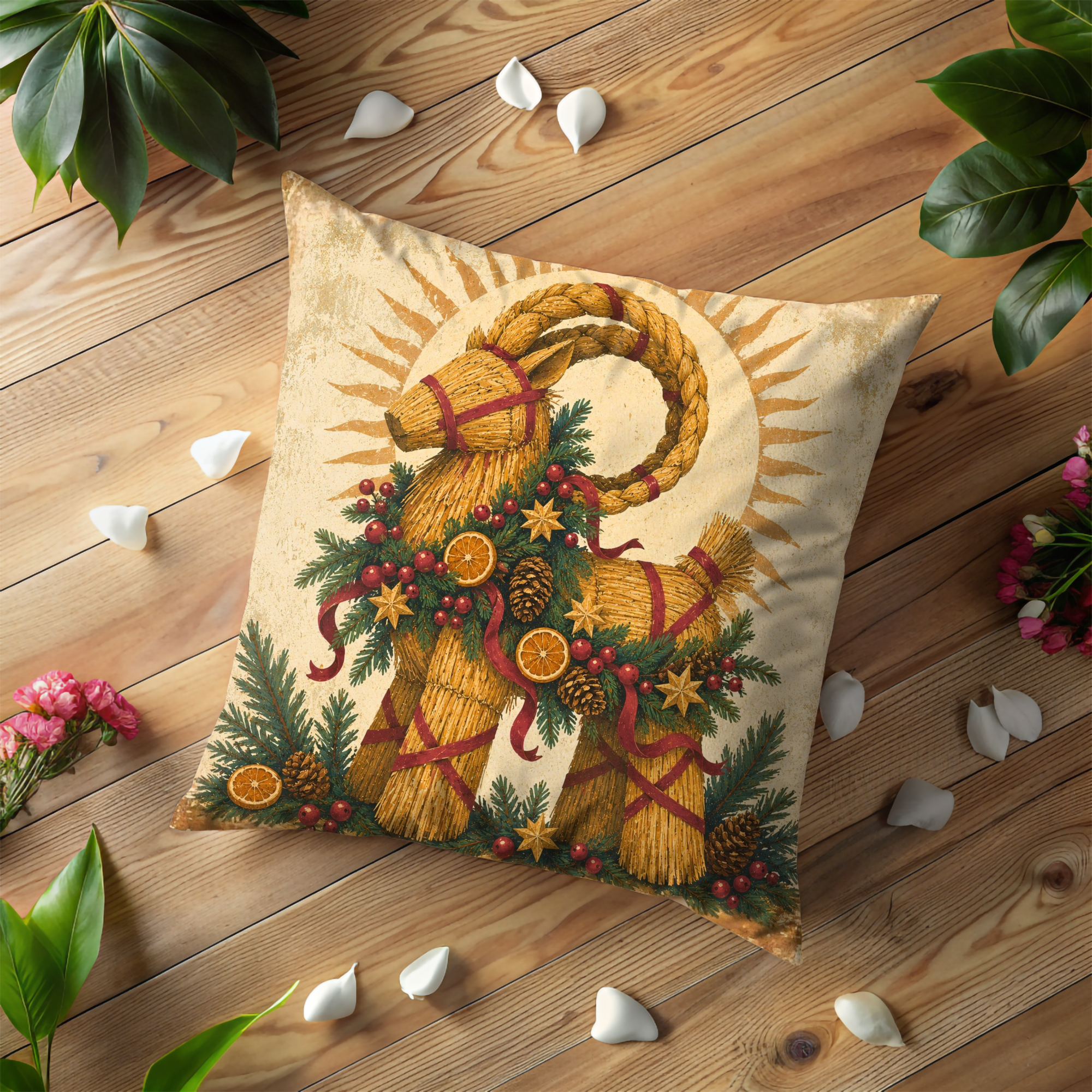 Yule Goat Straw Pillow Cover | Nordic Pagan Art | Cozy Winter Decor