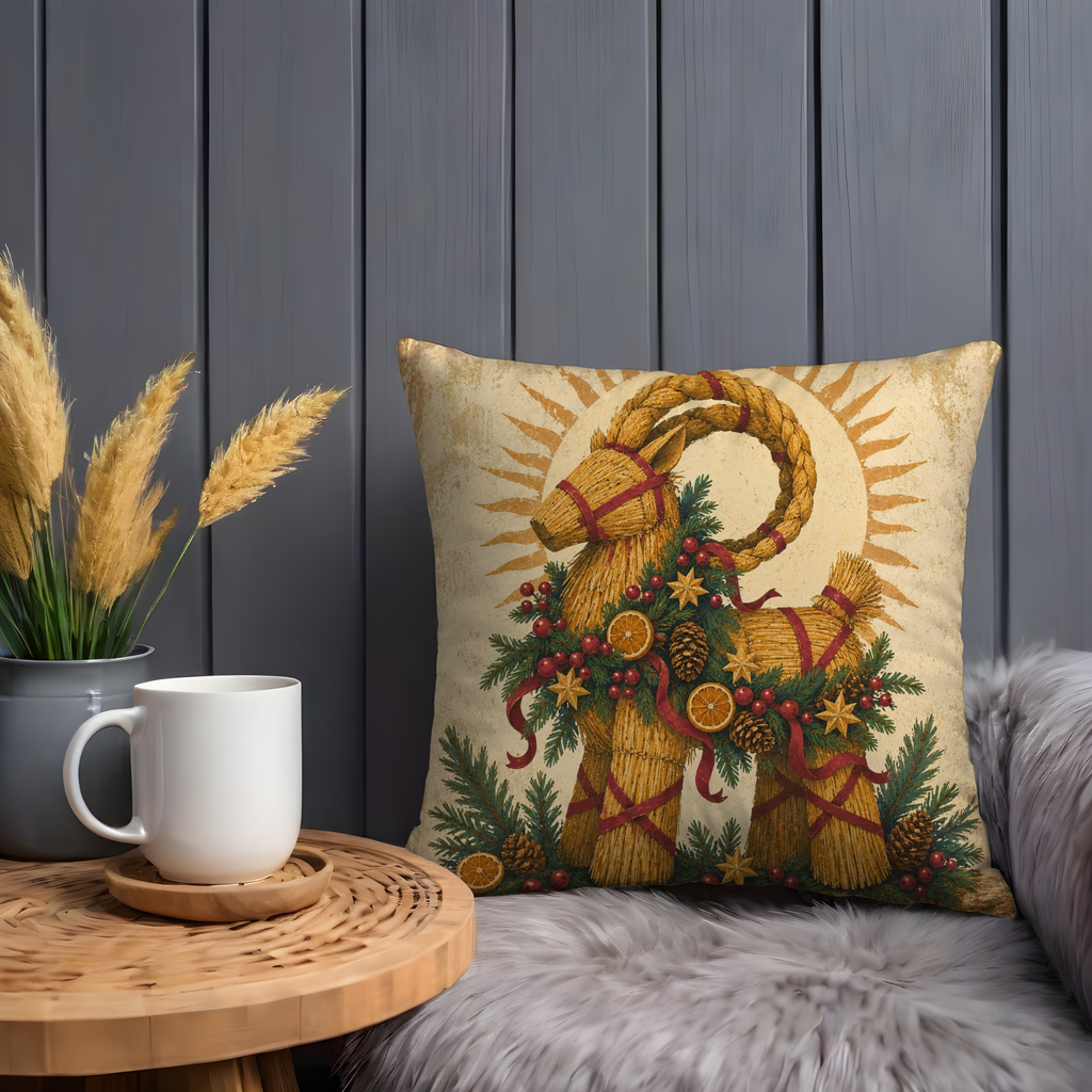 Yule Goat Straw Pillow Cover | Nordic Pagan Art | Cozy Winter Decor