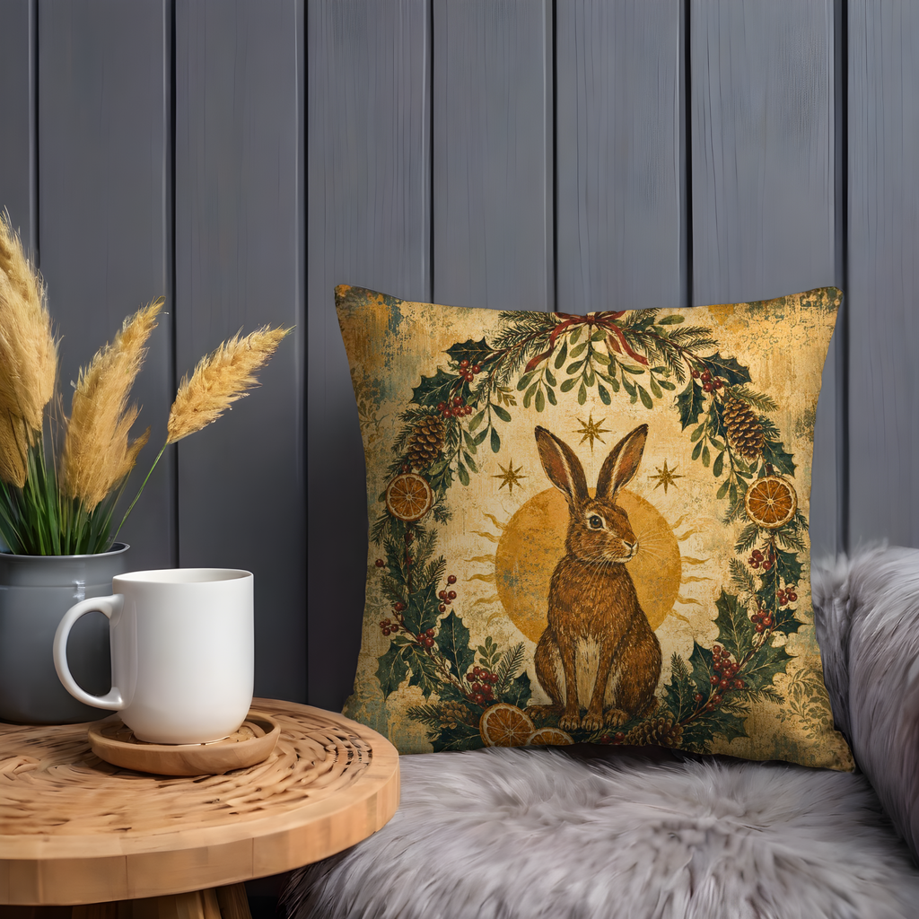Rabbit Yule Wreath Pillow Cover | Nordic Winter Art | Cozy Pagan Decor