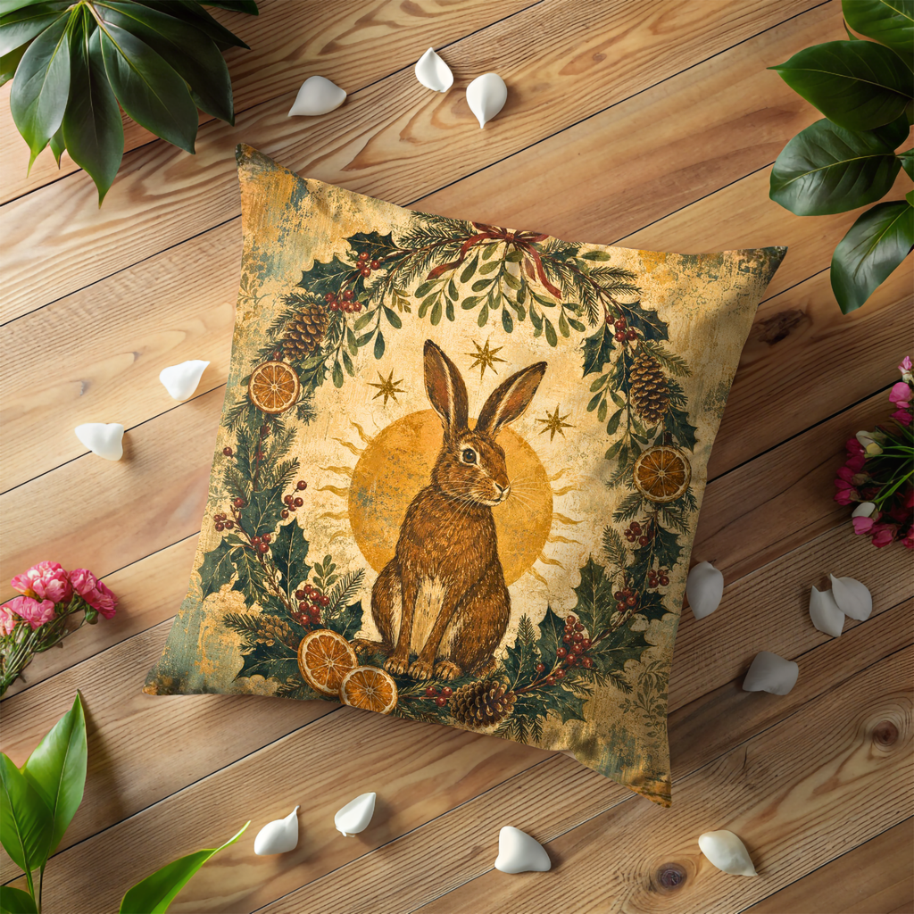 Rabbit Yule Wreath Pillow Cover | Nordic Winter Art | Cozy Pagan Decor