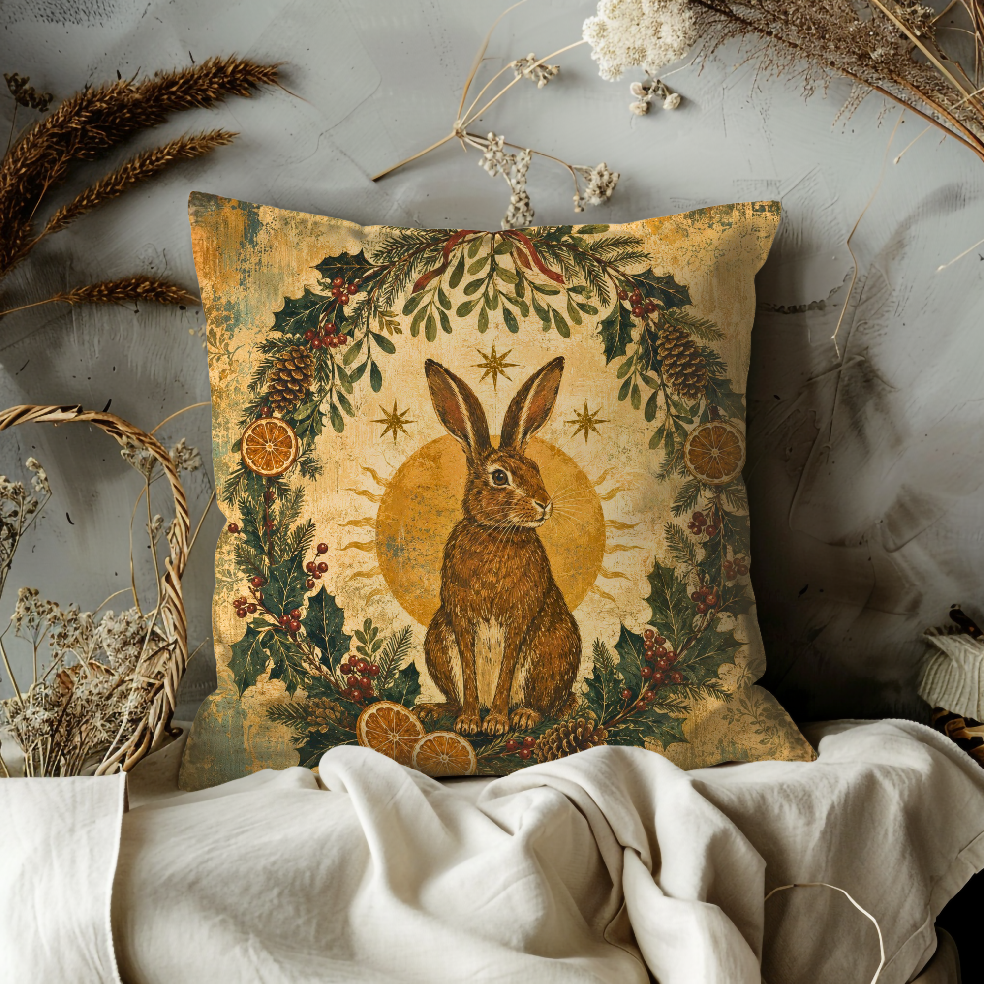 Rabbit Yule Wreath Pillow Cover | Nordic Winter Art | Cozy Pagan Decor
