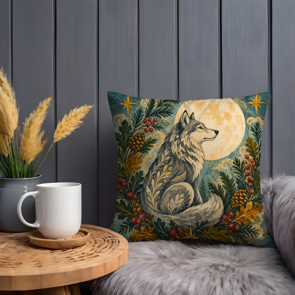 Wolf Golden Moon Pillow Cover | Mystical Woodland Art | Pagan Forest Decor