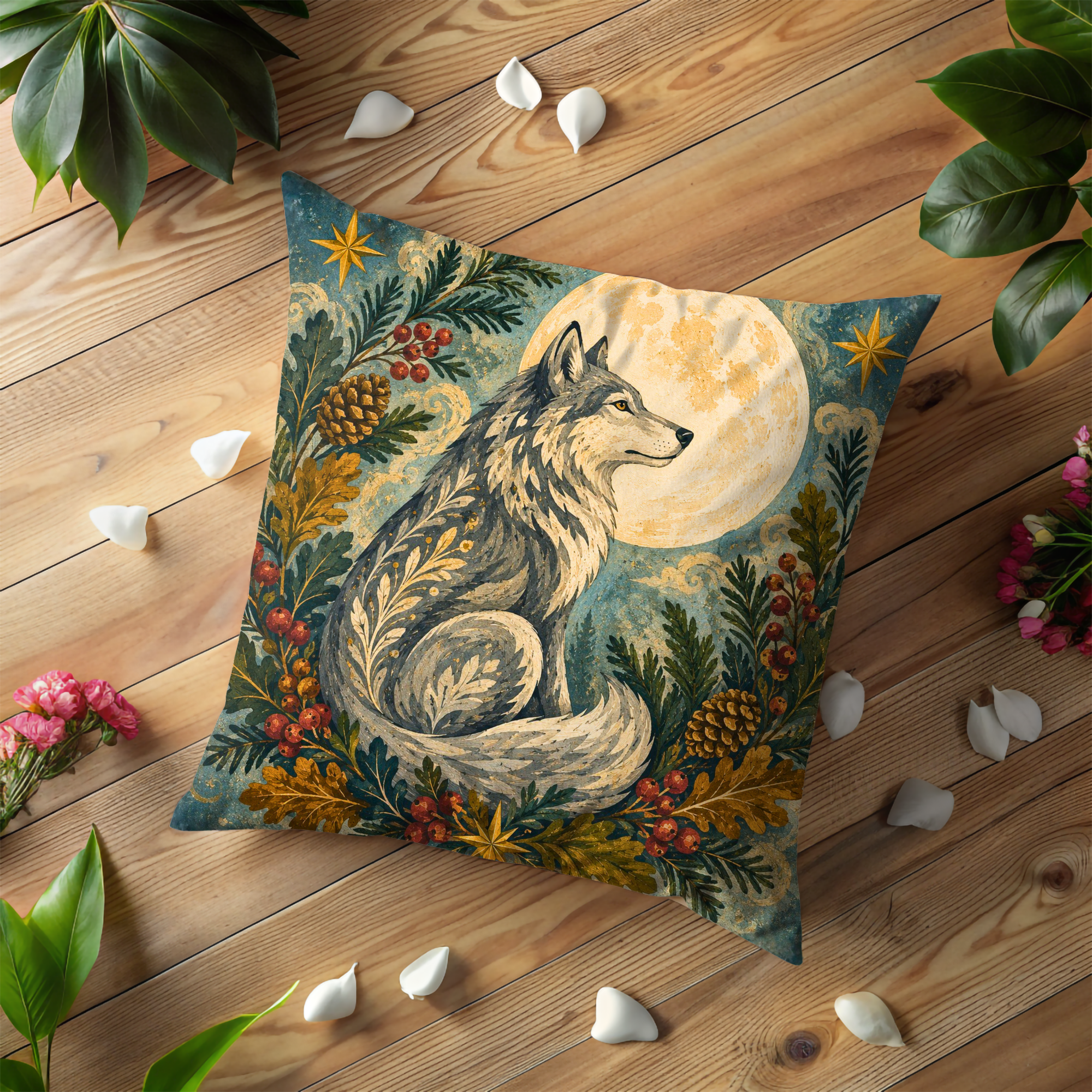 Wolf Golden Moon Pillow Cover | Mystical Woodland Art | Pagan Forest Decor