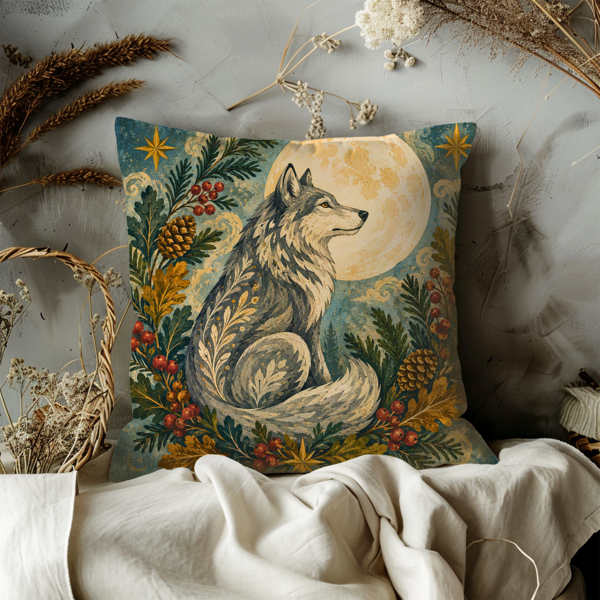 Wolf Golden Moon Pillow Cover | Mystical Woodland Art | Pagan Forest Decor