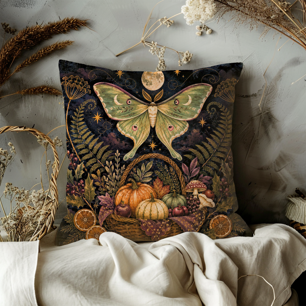 Luna Moth Harvest Basket Pillow Cover | Mystical Autumn Art | Pagan Forest Decor