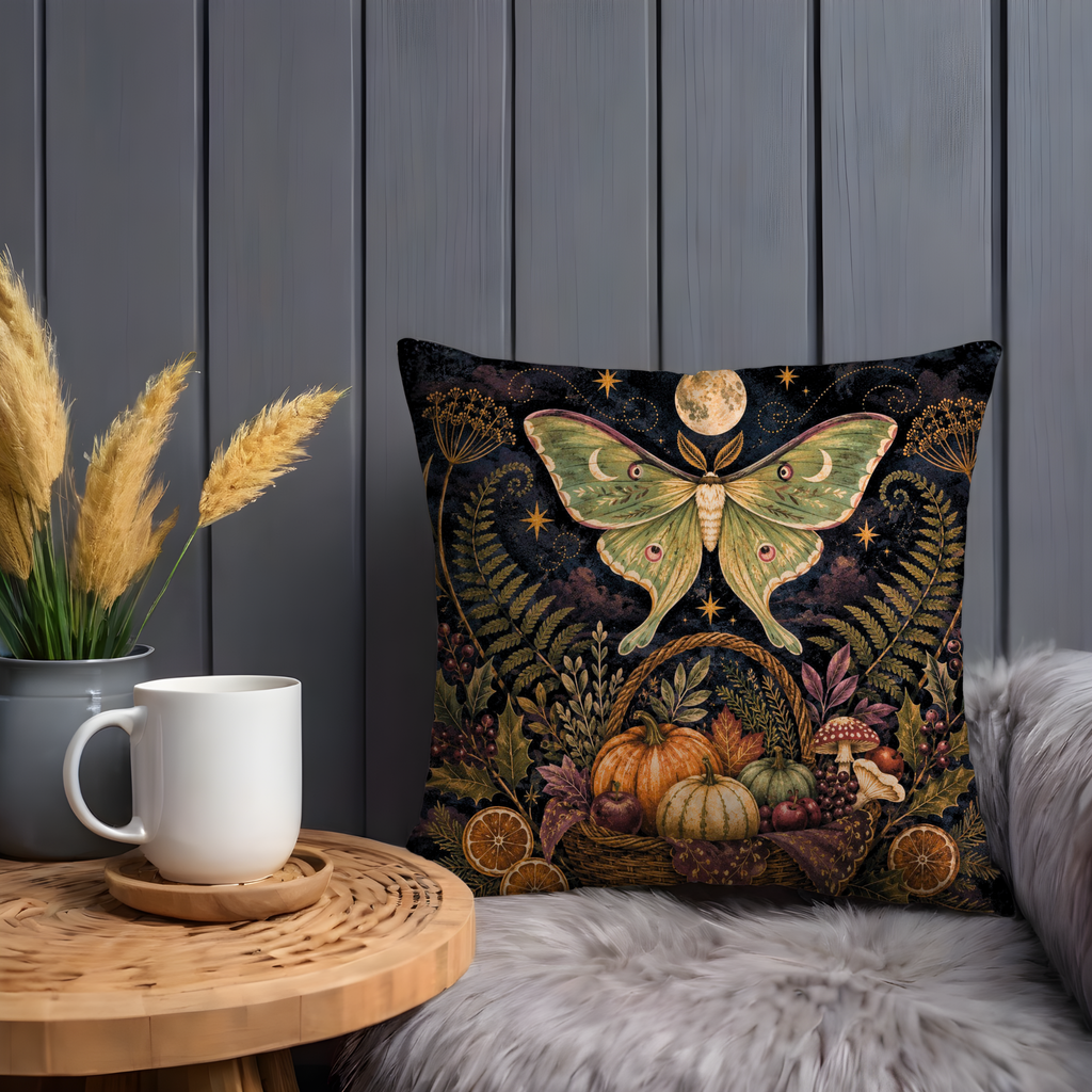 Luna Moth Harvest Basket Pillow Cover | Mystical Autumn Art | Pagan Forest Decor