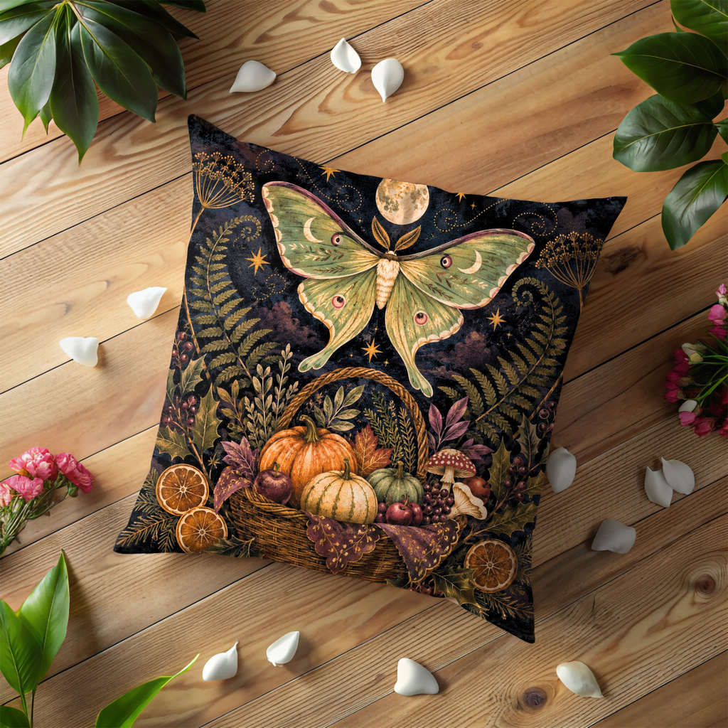 Luna Moth Harvest Basket Pillow Cover | Mystical Autumn Art | Pagan Forest Decor