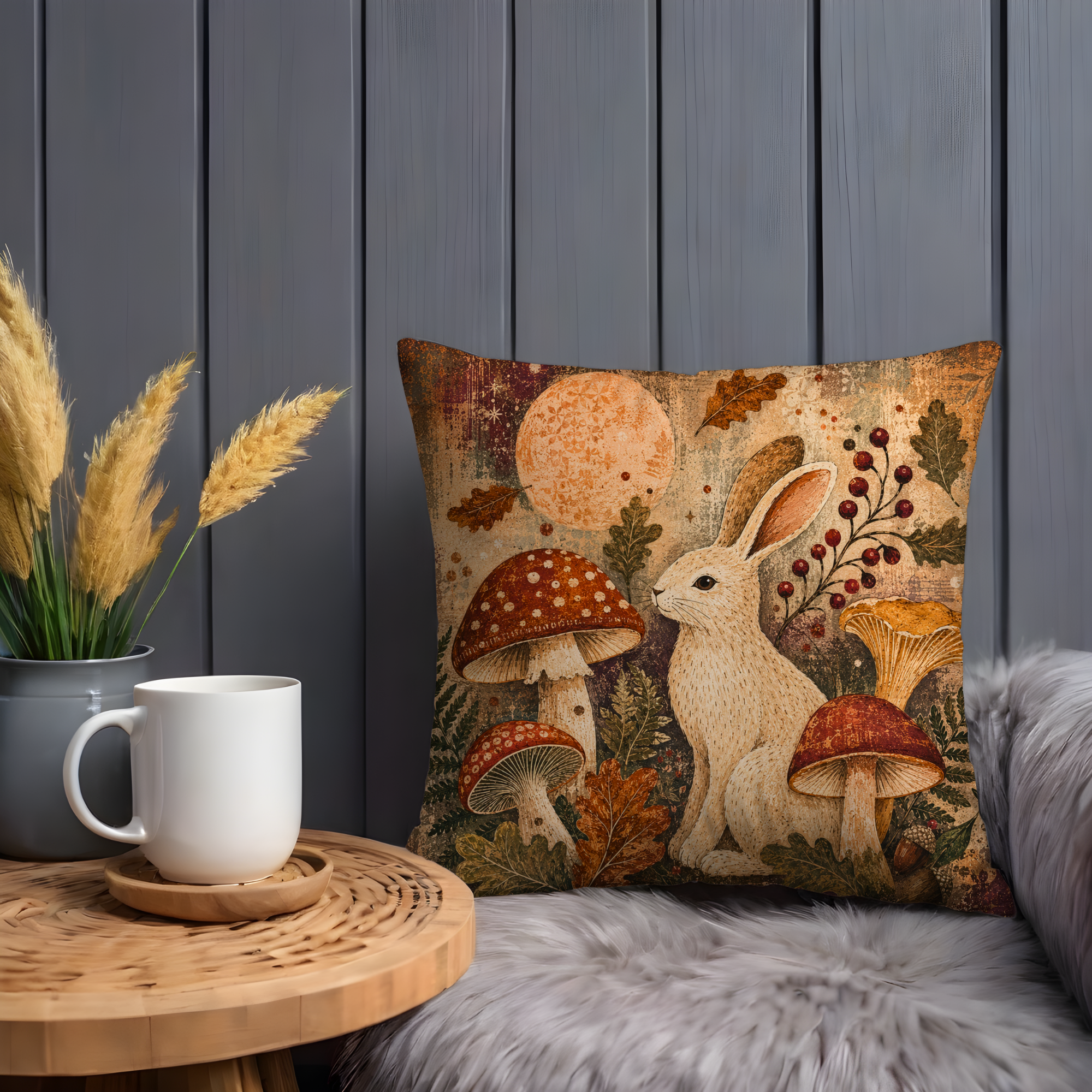 Rabbit Mushroom Moon Pillow Cover | Mystical Woodland Art | Pagan Autumn Decor