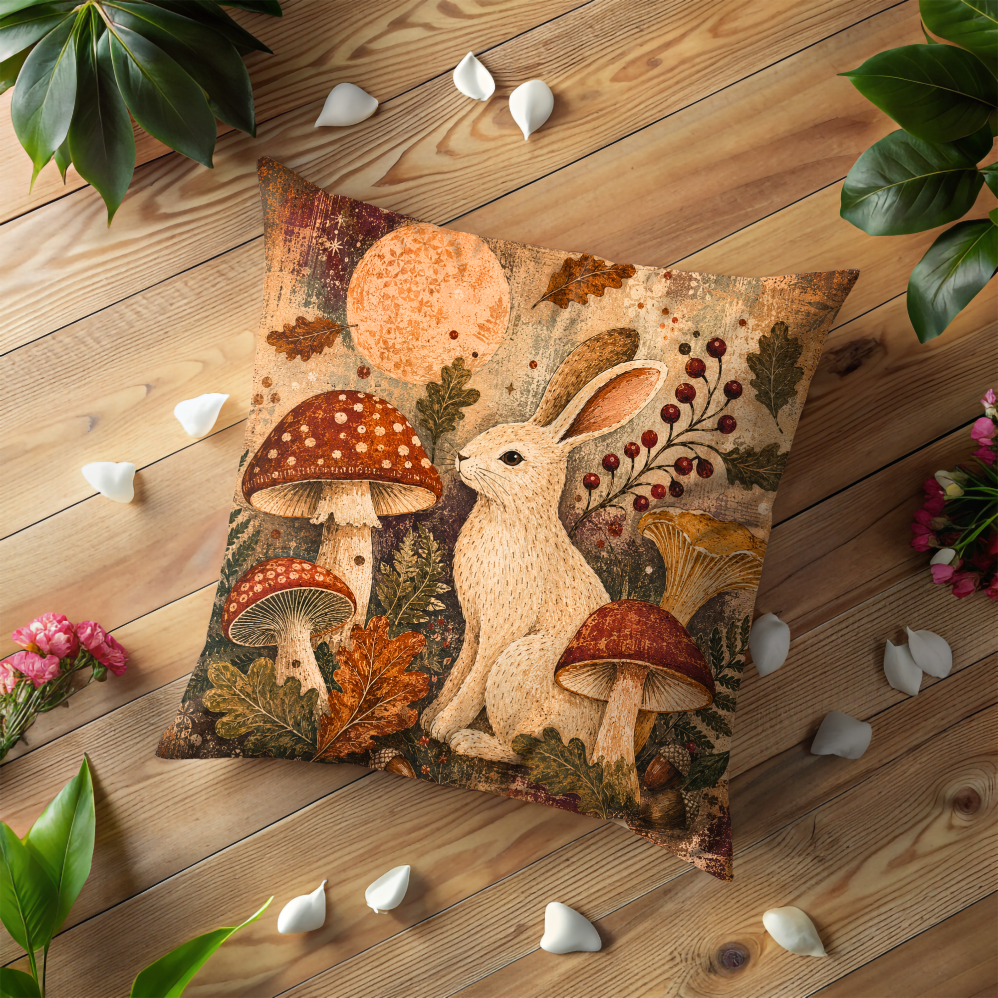 Rabbit Mushroom Moon Pillow Cover | Mystical Woodland Art | Pagan Autumn Decor