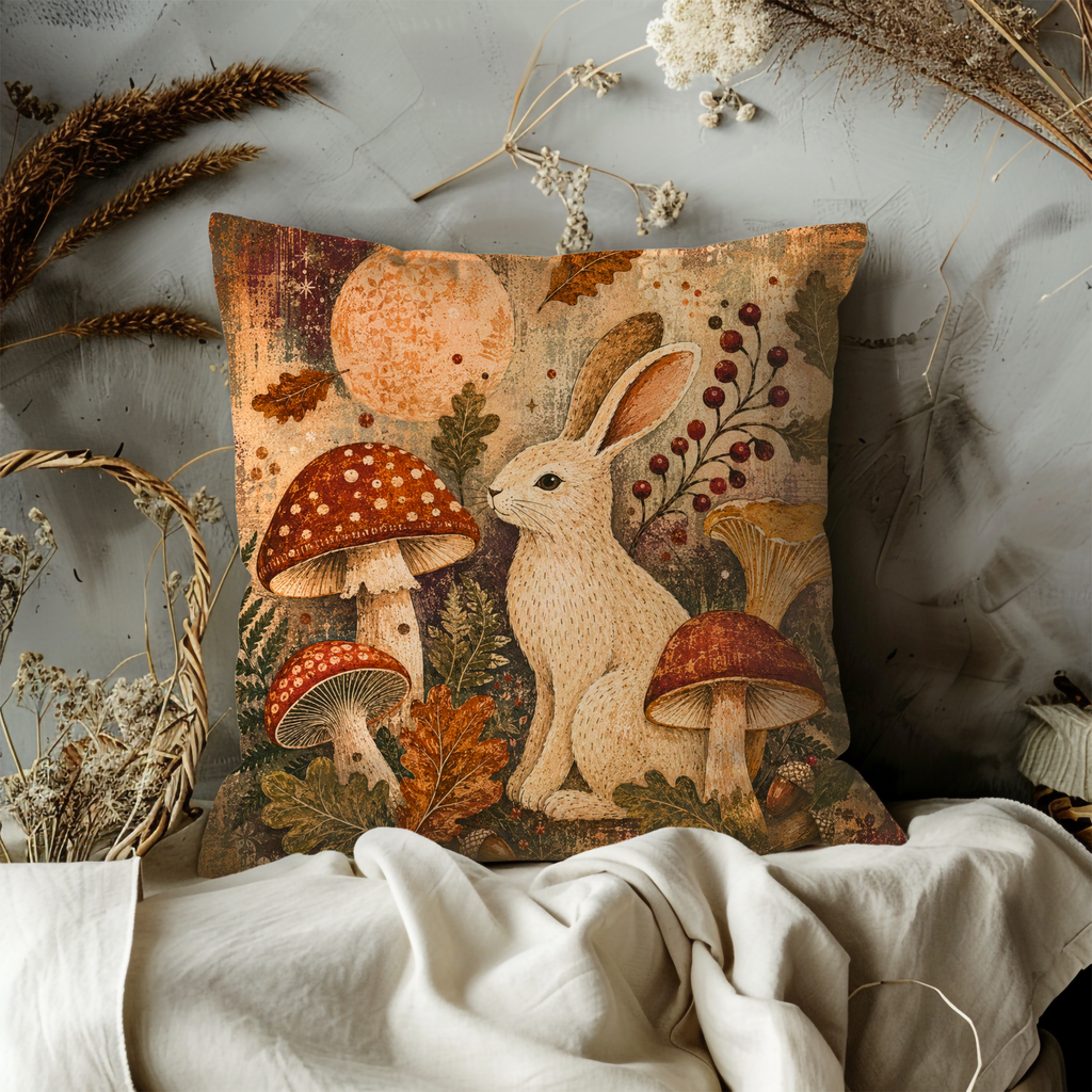 Rabbit Mushroom Moon Pillow Cover | Mystical Woodland Art | Pagan Autumn Decor