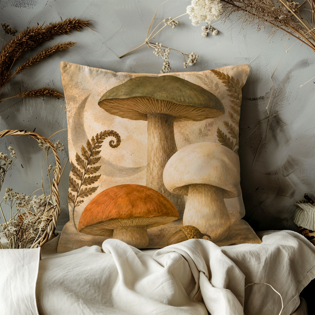 Forest Mushrooms Moon Pillow Cover | Botanical Woodland Art | Cozy Nature Decor