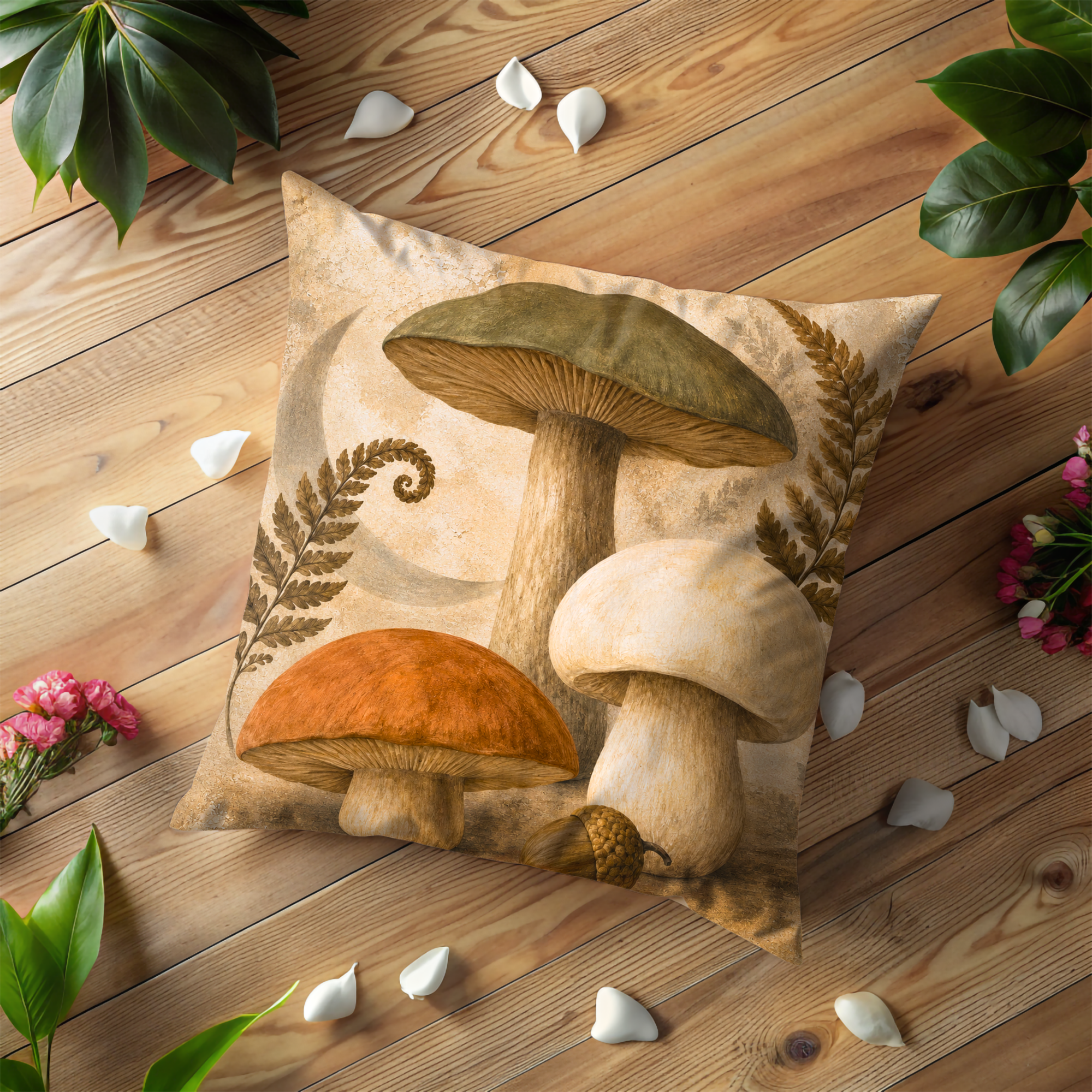 Forest Mushrooms Moon Pillow Cover | Botanical Woodland Art | Cozy Nature Decor