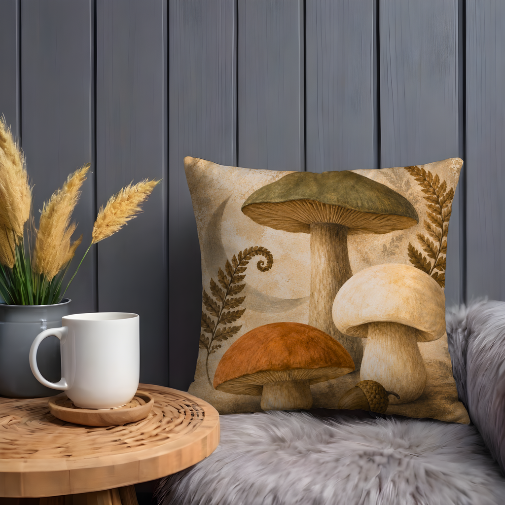 Forest Mushrooms Moon Pillow Cover | Botanical Woodland Art | Cozy Nature Decor