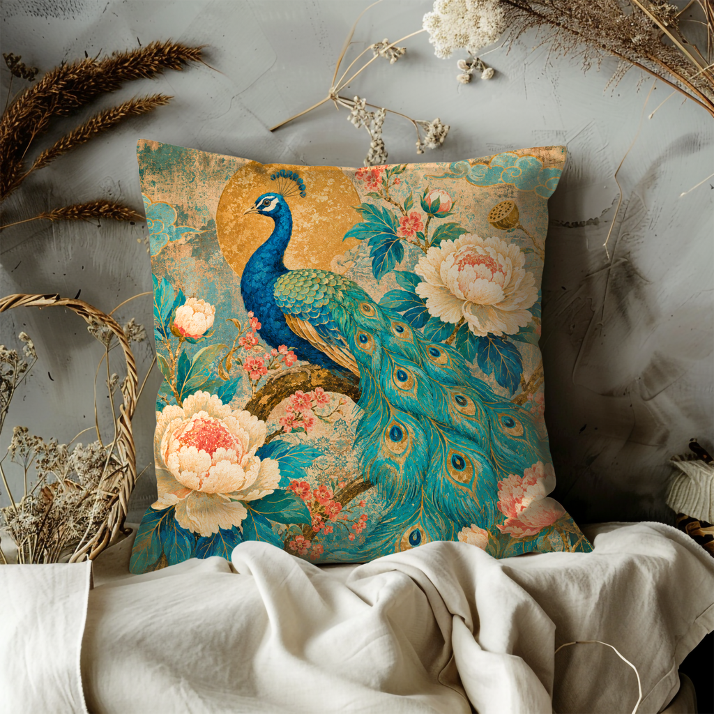 Peacock Peony Moon Pillow Cover | Elegant Asian Art | Luxurious Floral Decor