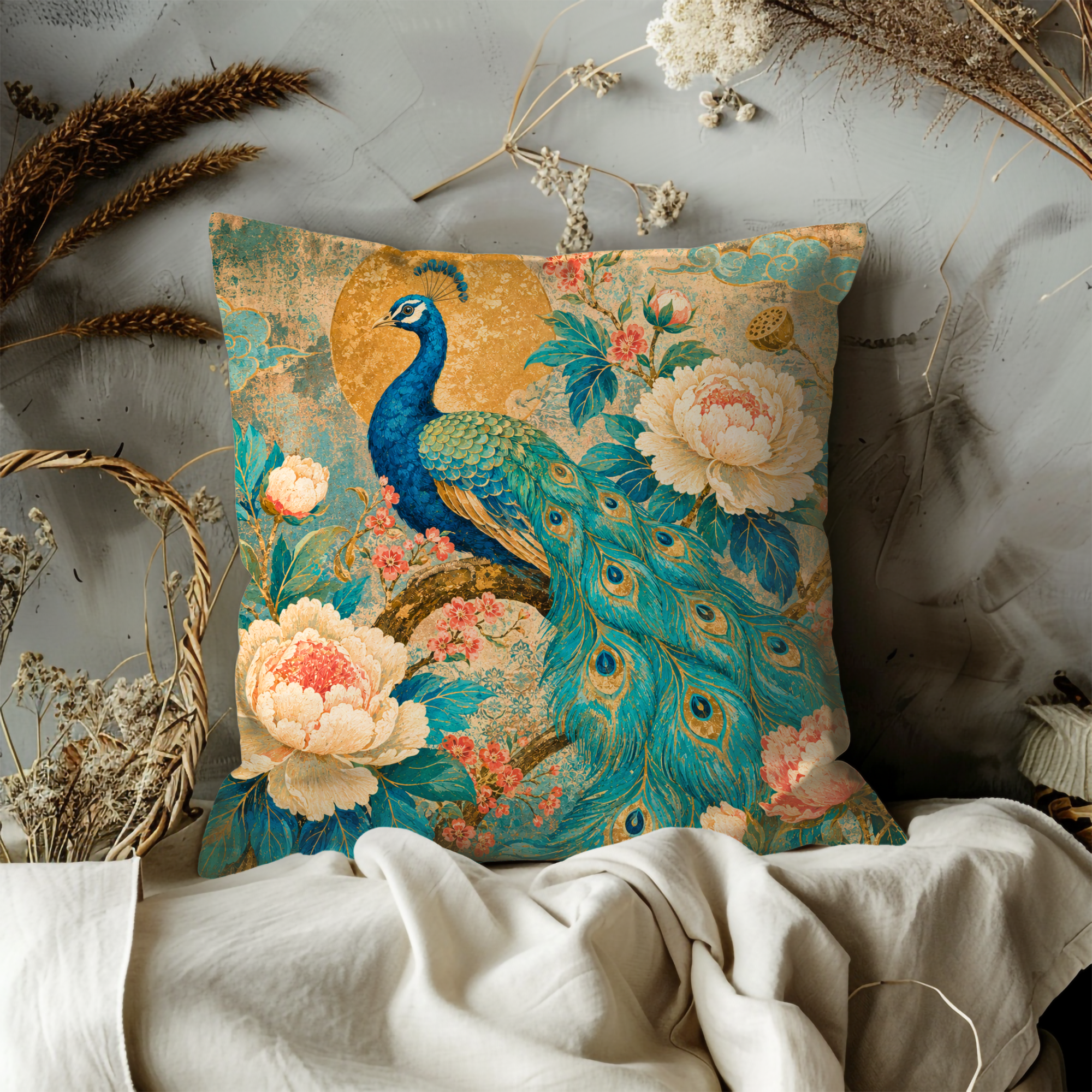 Peacock Peony Moon Pillow Cover | Elegant Asian Art | Luxurious Floral Decor