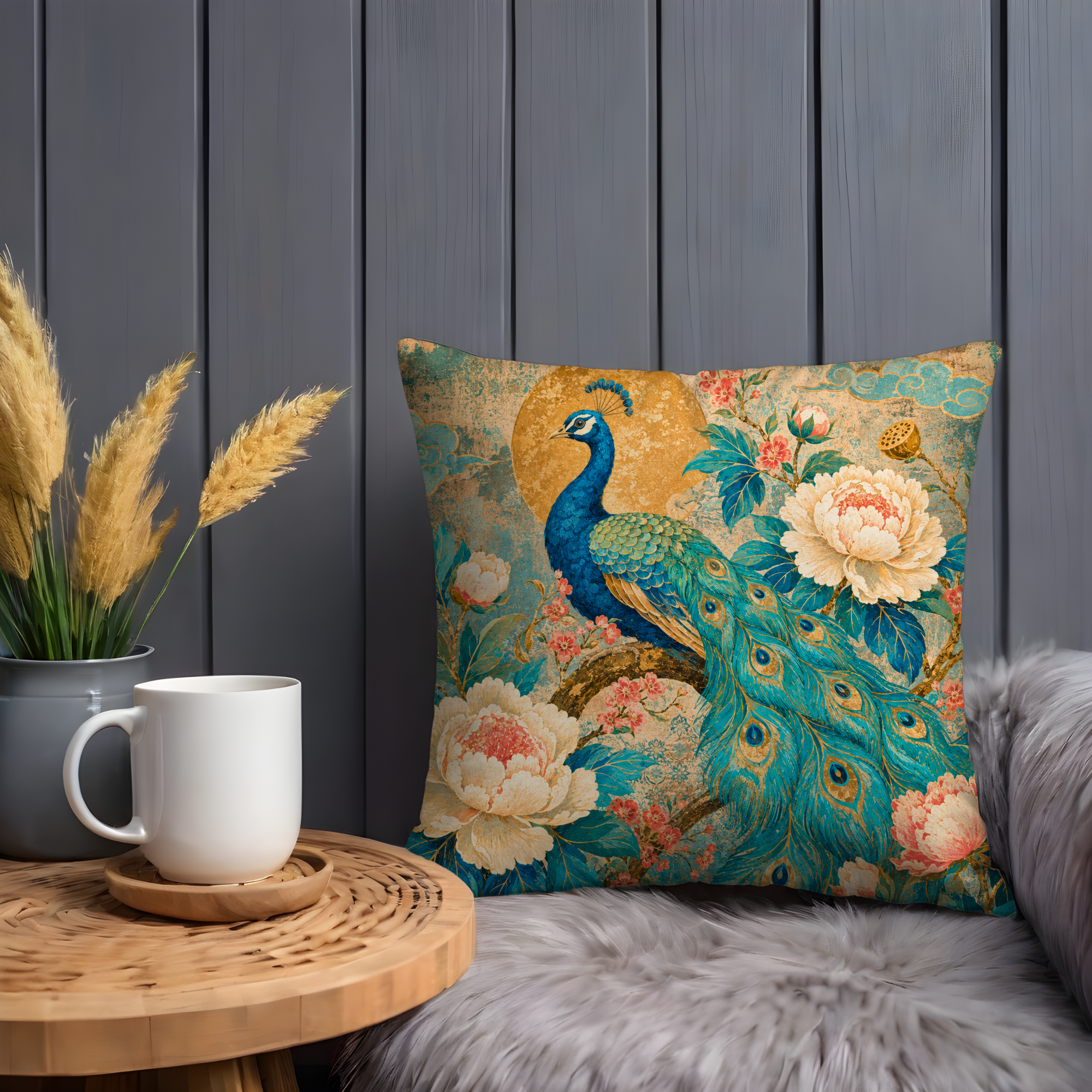 Peacock Peony Moon Pillow Cover | Elegant Asian Art | Luxurious Floral Decor