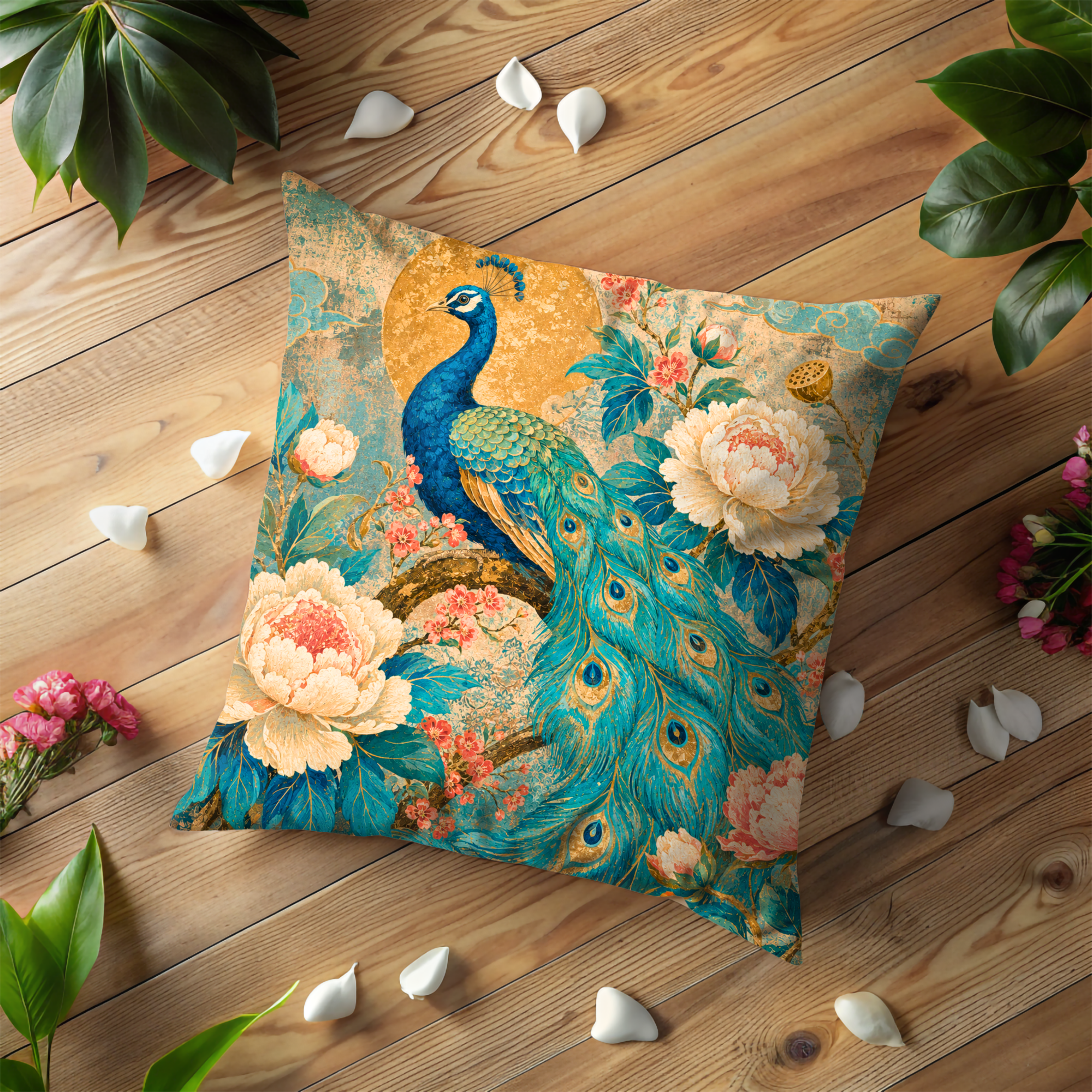 Peacock Peony Moon Pillow Cover | Elegant Asian Art | Luxurious Floral Decor