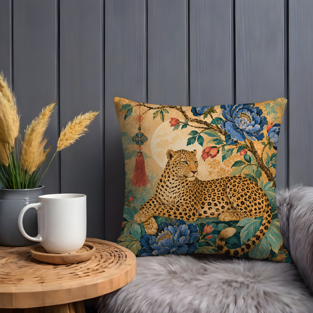 Leopard Blue Peony Moon Pillow Cover | Elegant Asian Art | Luxurious Wildlife Decor