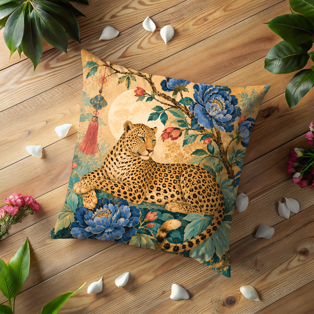 Leopard Blue Peony Moon Pillow Cover | Elegant Asian Art | Luxurious Wildlife Decor