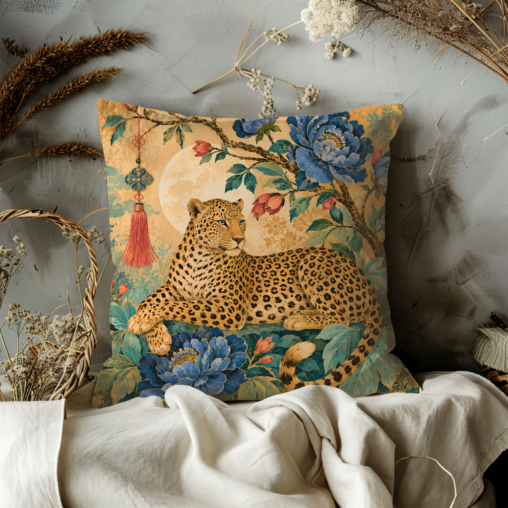 Leopard Blue Peony Moon Pillow Cover | Elegant Asian Art | Luxurious Wildlife Decor