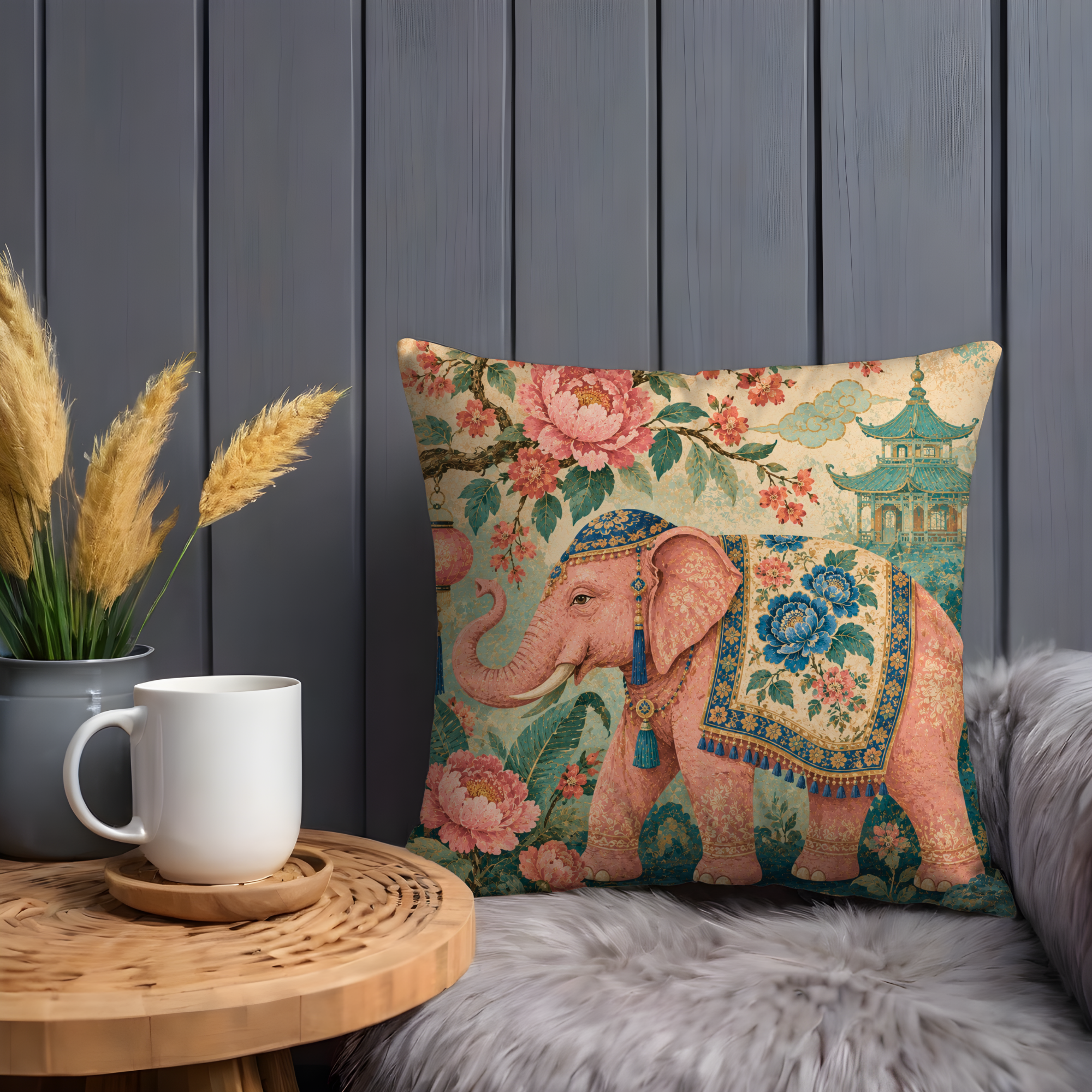 Pink Elephant Peony Pagoda Pillow Cover | Elegant Asian Art | Luxurious Floral Decor