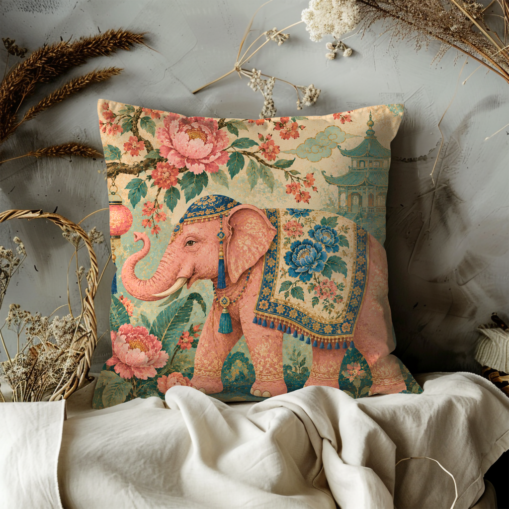 Pink Elephant Peony Pagoda Pillow Cover | Elegant Asian Art | Luxurious Floral Decor