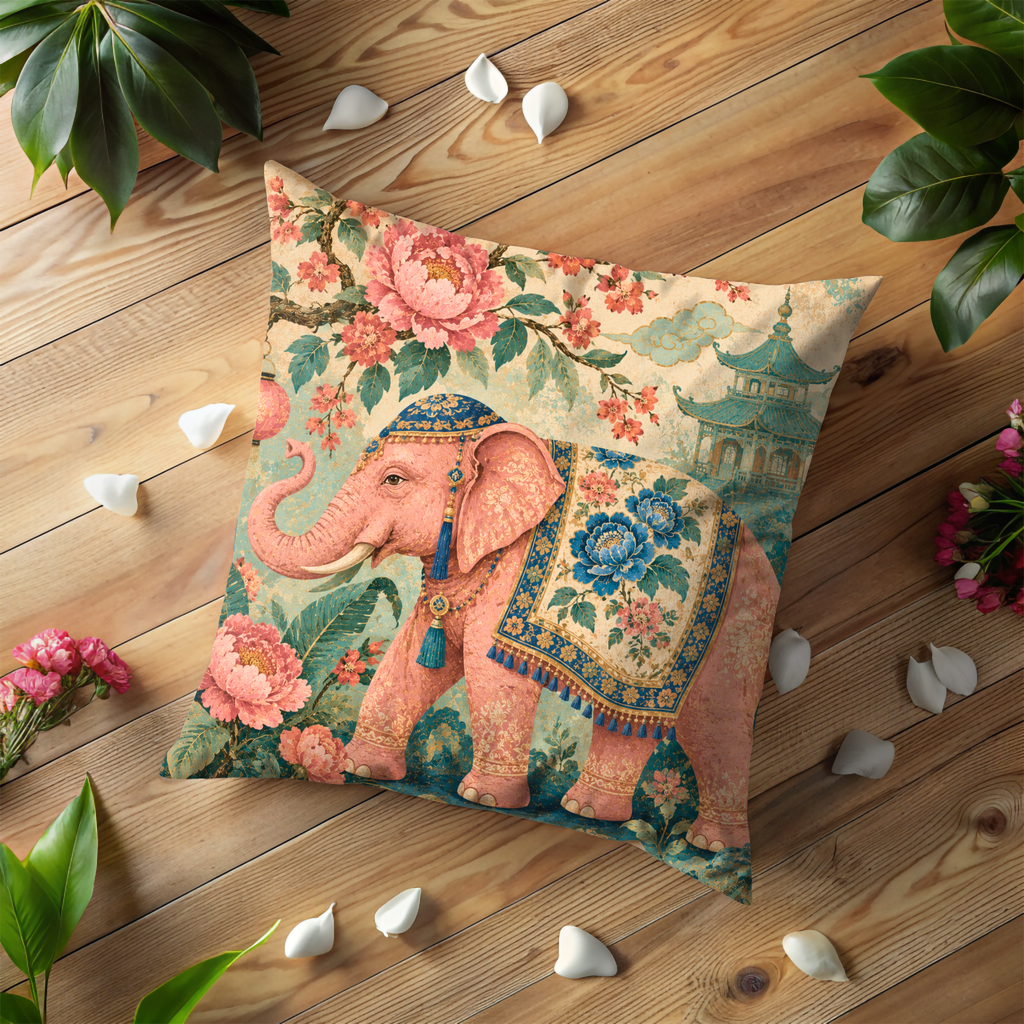 Pink Elephant Peony Pagoda Pillow Cover | Elegant Asian Art | Luxurious Floral Decor