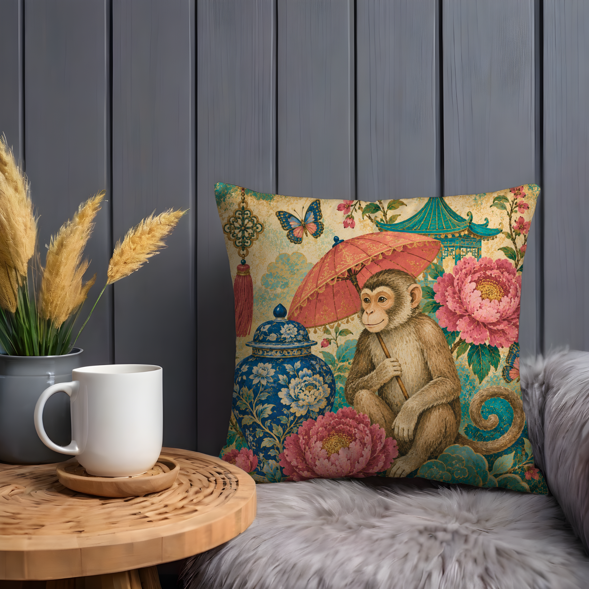Monkey Parasol Peony Pillow Cover | Elegant Asian Art | Whimsical Floral Decor