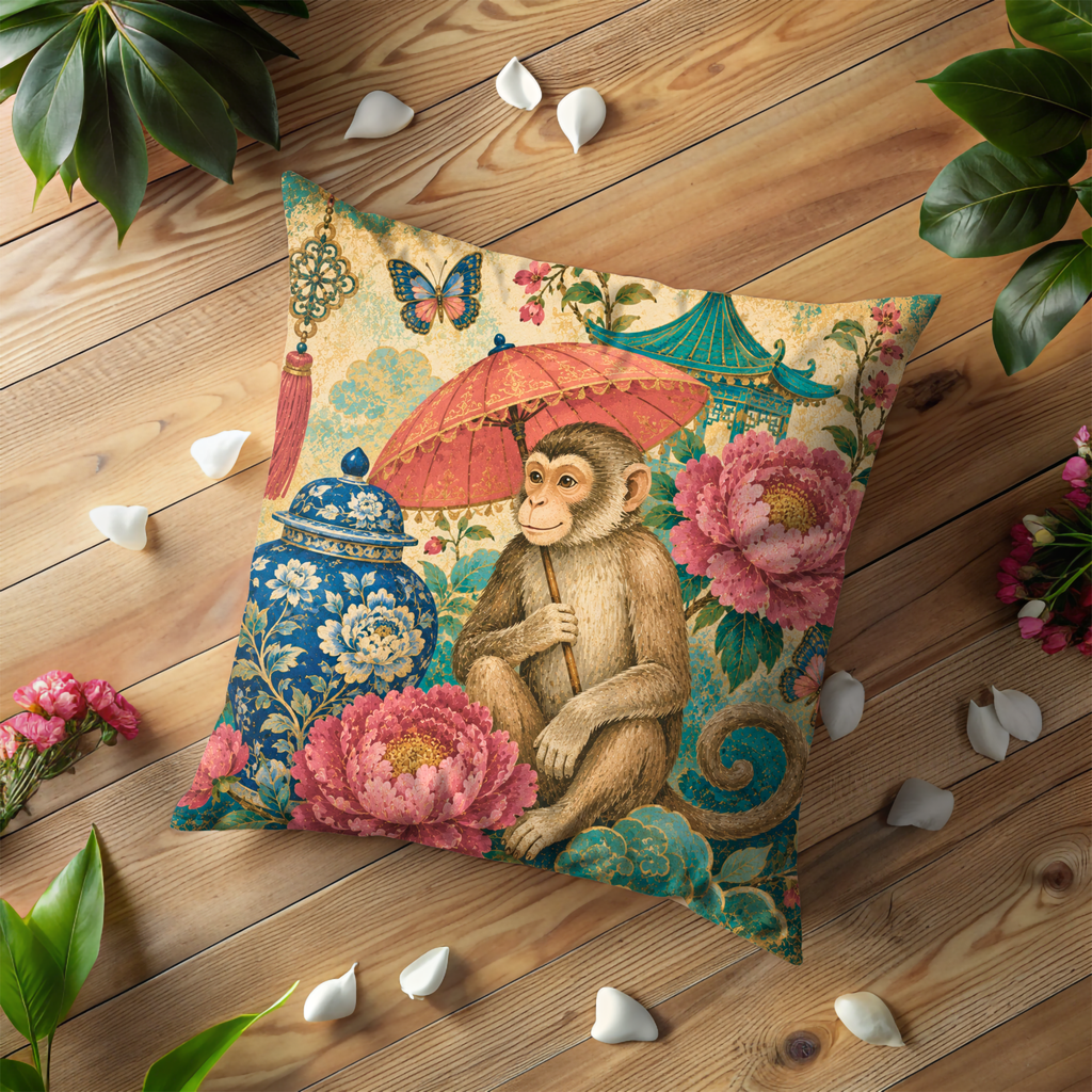 Monkey Parasol Peony Pillow Cover | Elegant Asian Art | Whimsical Floral Decor