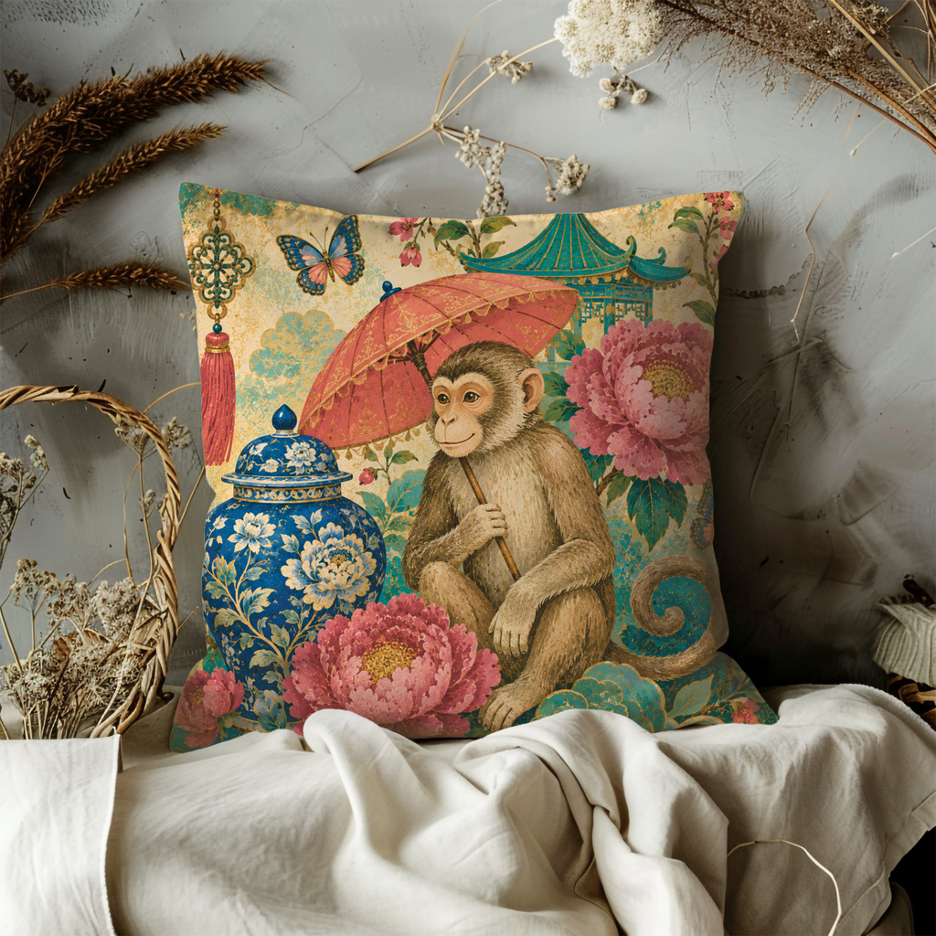 Monkey Parasol Peony Pillow Cover | Elegant Asian Art | Whimsical Floral Decor