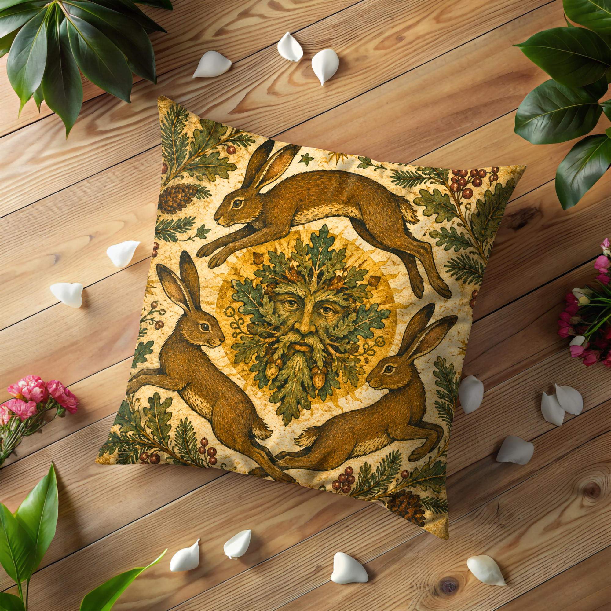 Green Man Three Hares Pillow Cover | Pagan Woodland Art | Mystical Forest Decor
