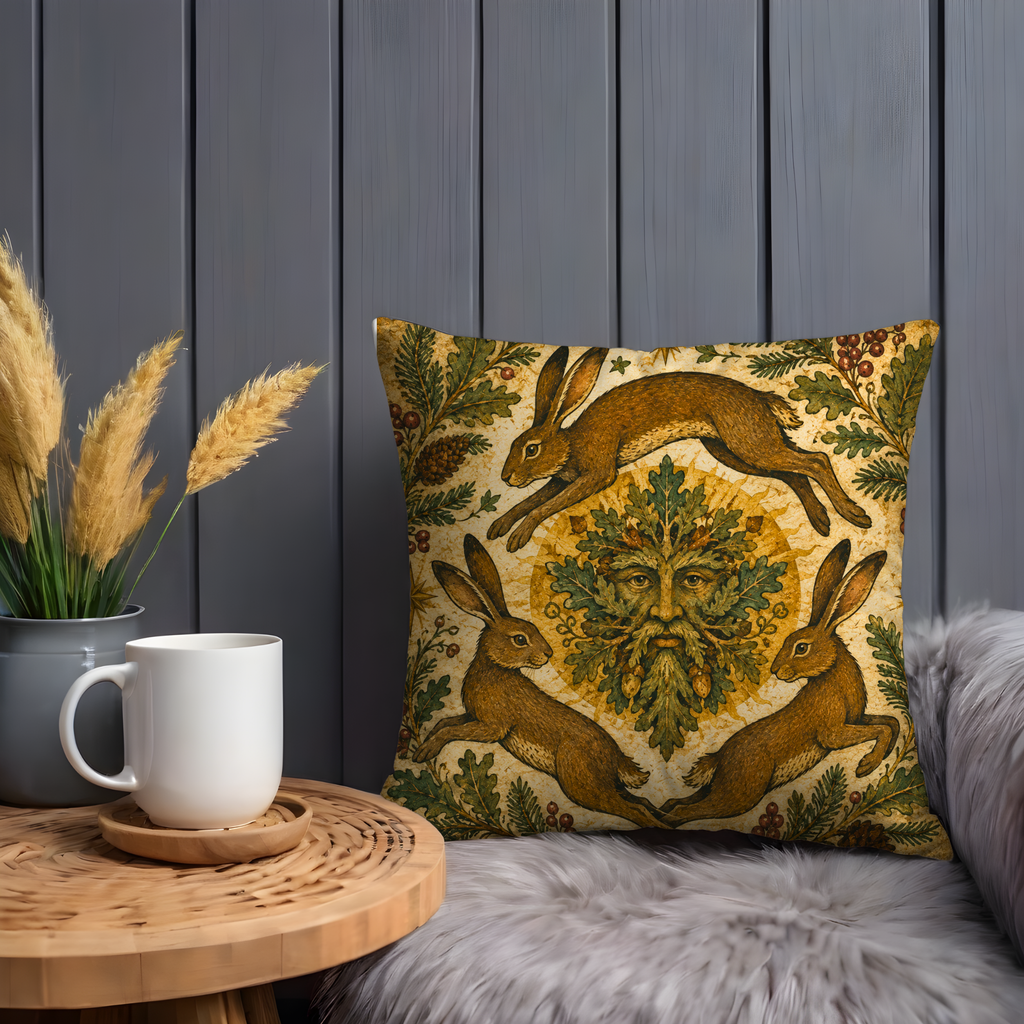 Green Man Three Hares Pillow Cover | Pagan Woodland Art | Mystical Forest Decor