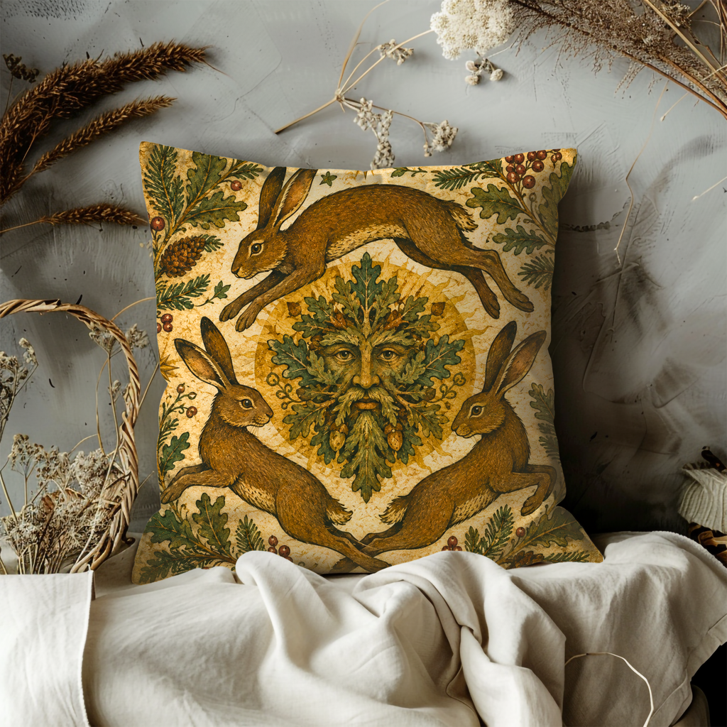 Green Man Three Hares Pillow Cover | Pagan Woodland Art | Mystical Forest Decor