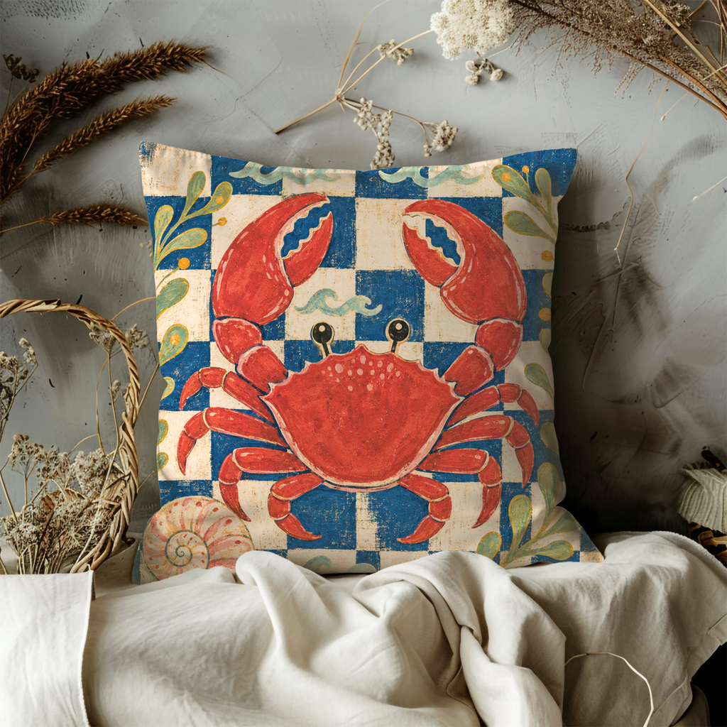 Red Crab Checkered Pillow Cover | Coastal Nautical Art | Beach House Decor