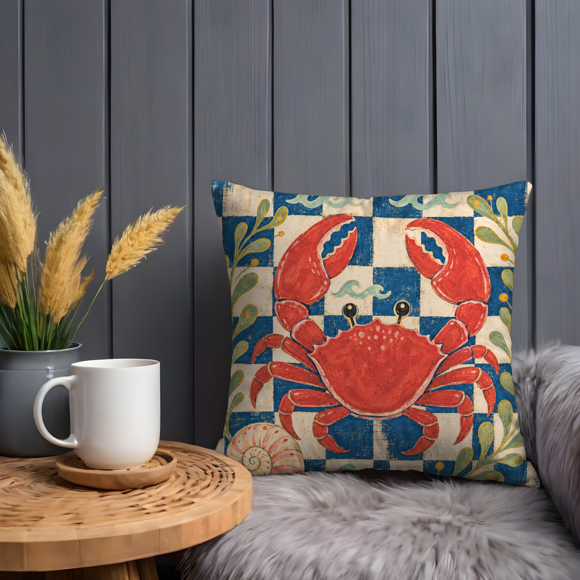 Red Crab Checkered Pillow Cover | Coastal Nautical Art | Beach House Decor