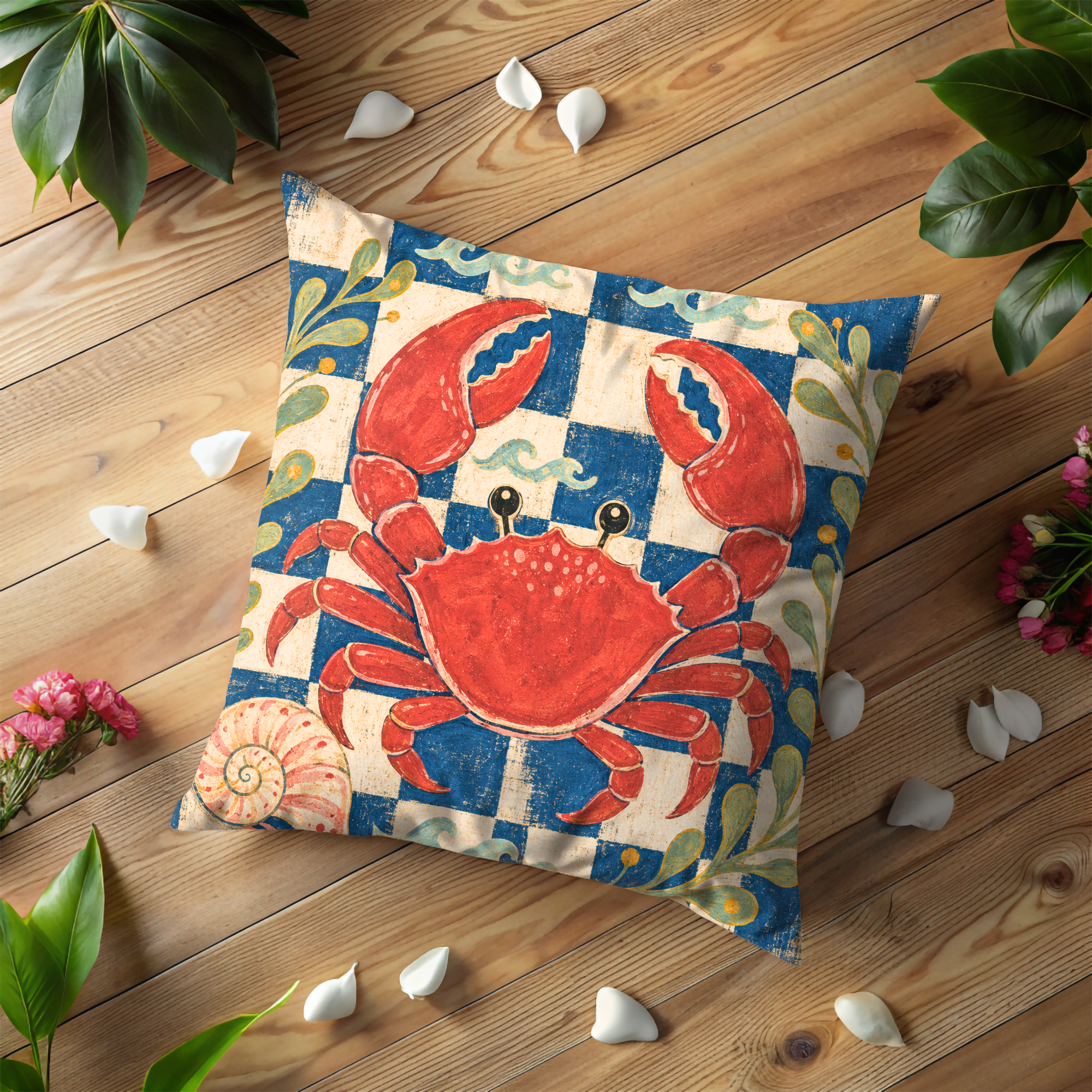 Red Crab Checkered Pillow Cover | Coastal Nautical Art | Beach House Decor