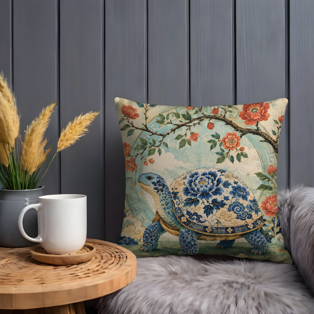 Blue Porcelain Turtle Pillow Cover | Elegant Asian Art | Botanical Wildlife Decor