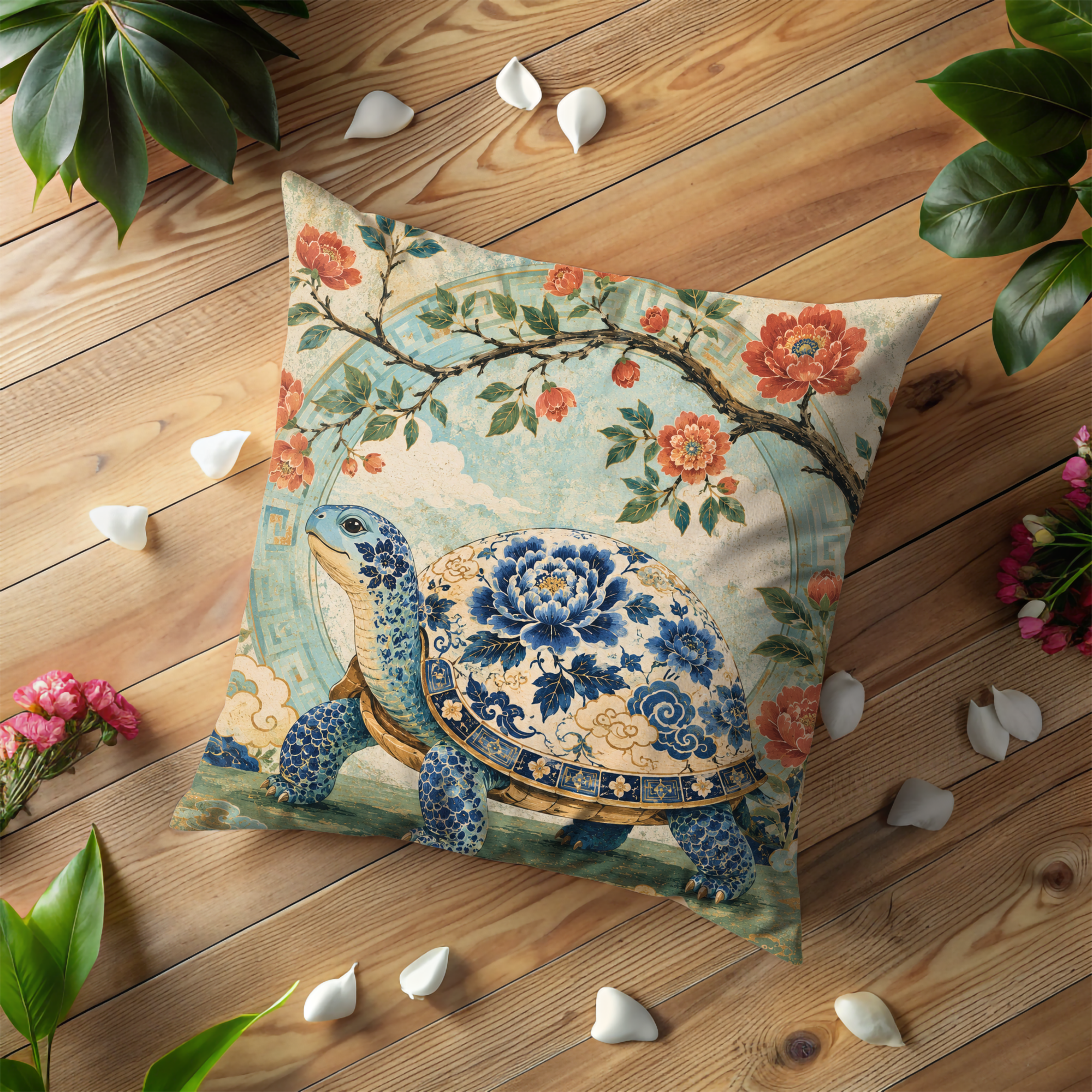 Blue Porcelain Turtle Pillow Cover | Elegant Asian Art | Botanical Wildlife Decor