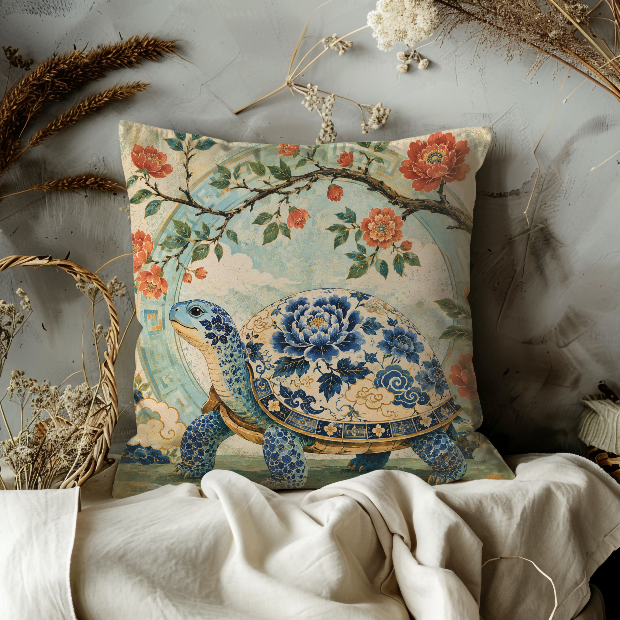 Blue Porcelain Turtle Pillow Cover | Elegant Asian Art | Botanical Wildlife Decor