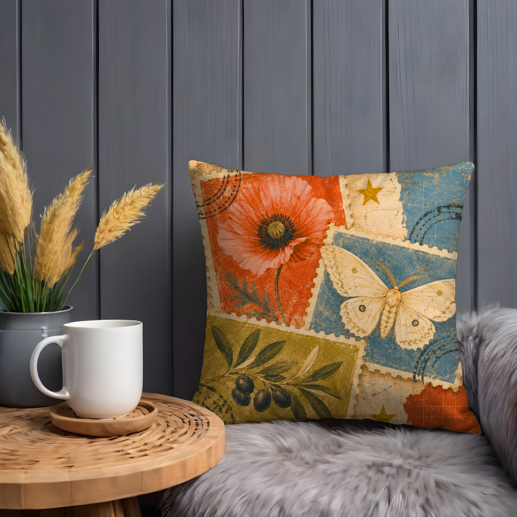 Poppy Butterfly Postcard Pillow Cover | Retro Botanical Collage Art