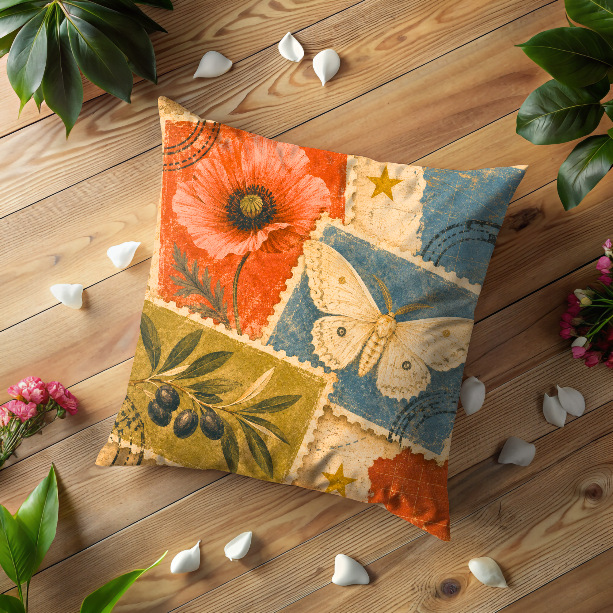 Poppy Butterfly Postcard Pillow Cover | Retro Botanical Collage Art
