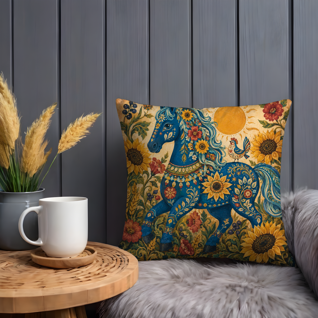 Blue Floral Horse Pillow Cover | Folk Botanical Art